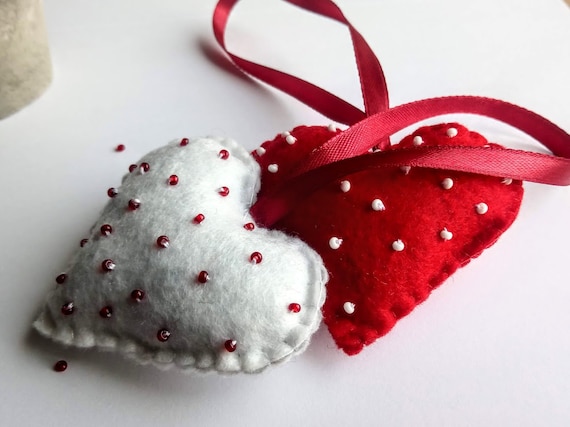 Felt Heart Ornament: Red & White Christmas Decor