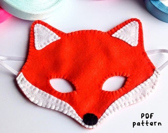 Fox party mask pdf felt sewing pattern for kids, carnival or Halloween dress up mask orange fox