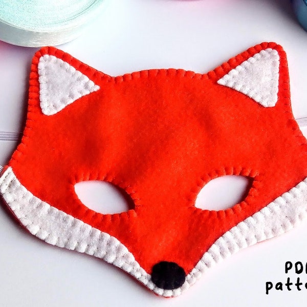 Fox party mask pdf felt sewing pattern for kids, carnival or Halloween dress up mask orange fox