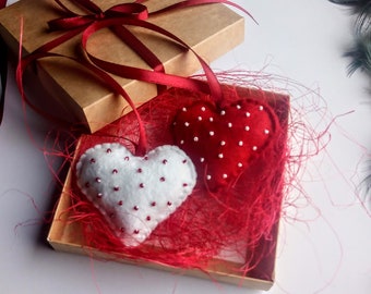 Felt heart ornament in a gift box, Valentine's day decor, red and white Christmas tree decor, Wedding love ornament