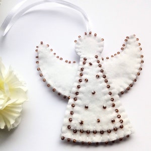 Felt Christmas angel ornament, beaded white angel home decoration or tree ornament