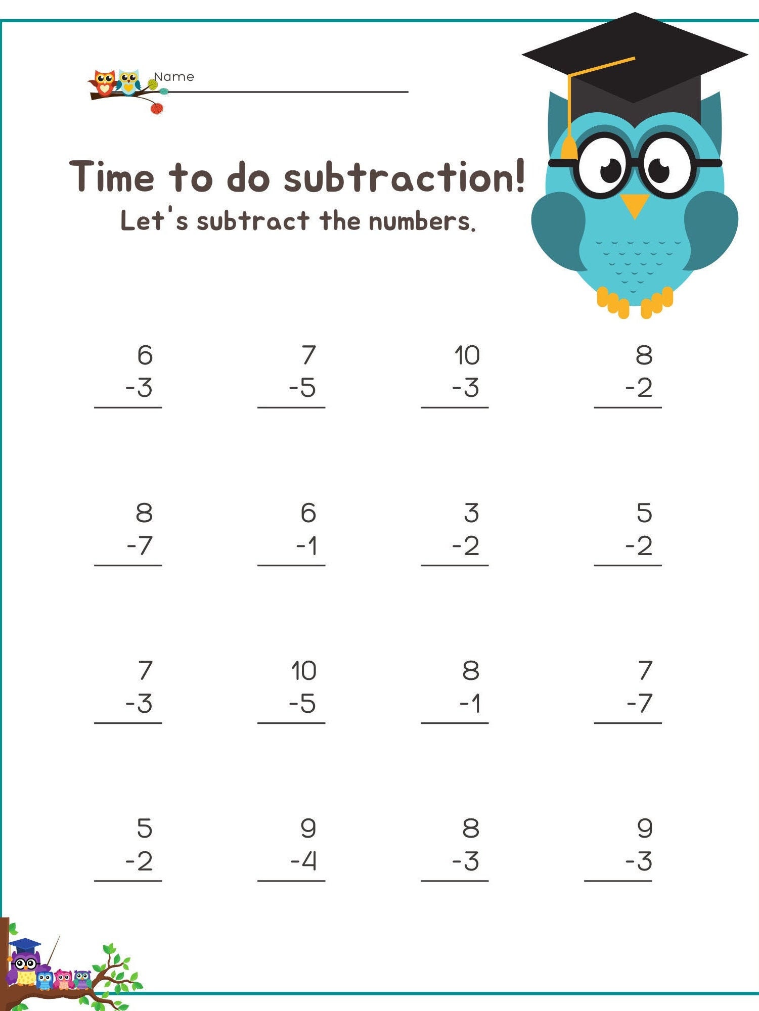 Time to do subtraction subtraction worksheet etsy