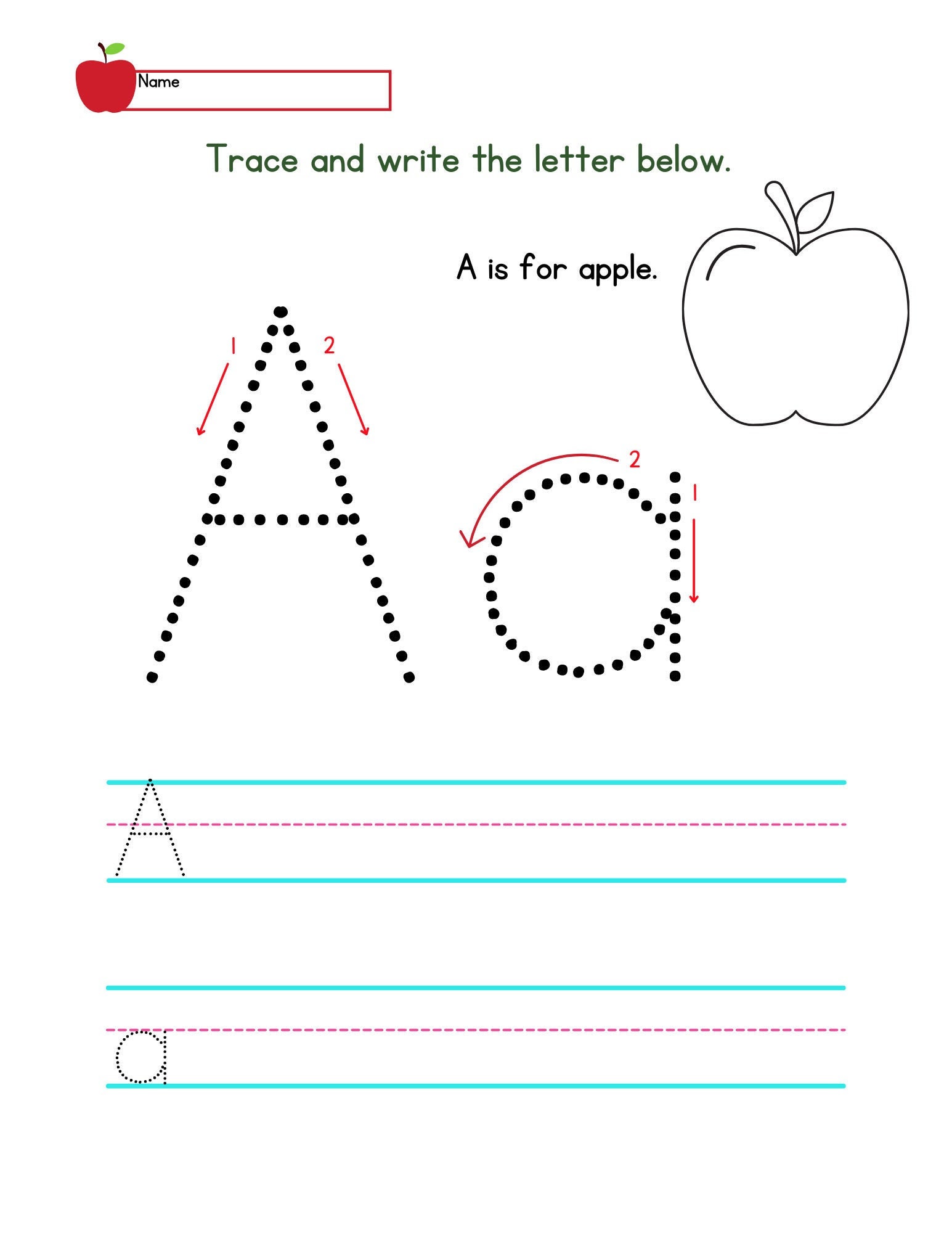 Trace The Letter A Worksheet Etsy