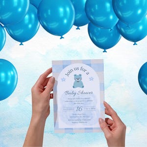 Blue Teddy Bear Boy Baby Shower Invitation | Editable CanvaRemplate | Instant Download