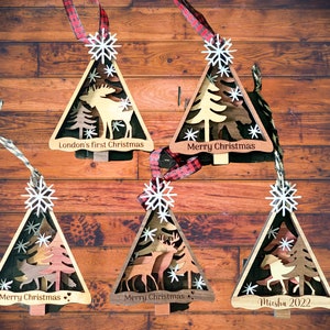 Animali del bosco, volpe, cervo e orso, decorazione per albero, caminetto, 4 strati di legno vario