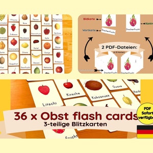 36 Tarjetas Flash Tarjetas Flash Fruta Alemán Montessori PDF Archivo Imprimible Impresión Instantánea Niños Bandeja de Acción Descargar Tienda Jugar Cocina