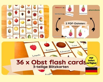 36 Flash Cards Flash Cards Fruit German Montessori PDF File Printable Instant Print Children's Activity Tray Download Shop Play Kitchen