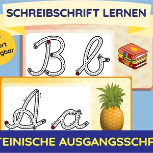 May include: A printable worksheet for learning cursive handwriting. The worksheet features the letters 'A' and 'B' in cursive script with dotted lines to guide the user. The worksheet also includes a stack of books and a pineapple.