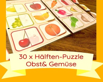 30 x Halvpussel Upptagen Bok Frukt & Grönsaker PDF-fil Nedladdning Gör-det-själv Present Souvenir Barn Småbarn Lärande Spel Matchande Spel