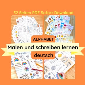 May include: A set of 52 printable worksheets for learning the German alphabet. The worksheets feature colorful illustrations and activities for tracing, coloring, and writing letters. The title "ALPHABET Malen und schreiben lernen deutsch" is visible on the page.