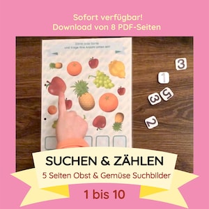 Può includere: Un foglio di lavoro educativo per bambini con illustrazioni colorate di frutta, tra cui mele, arance e ananas. Il foglio di lavoro ha il testo "SUCHEN & ZÄHLEN" e i numeri 1-5. Il dito di un bambino indica una mela. I numeri 1, 2, 3 e 5 sono sparsi nelle vicinanze.