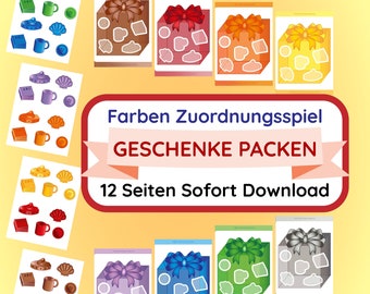 Sorting game colors 8 packages fill laying game puzzle souvenir rainbow PDF instant download print Busy Quiet Book German children
