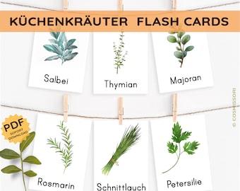 Matörter och medicinalörter Montessori Flashcards Bildkort PDF-kortset för utskrift Barnens inlärningskort Örter Örtfarmaci Tyska