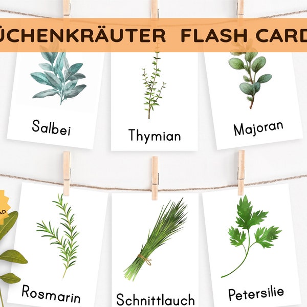 Kitchen Herbs & Medicinal Herbs Montessori Flash Cards Picture Cards PDF Card Set for Printing Children's Learning Cards Herbs Herb Pharmacy German