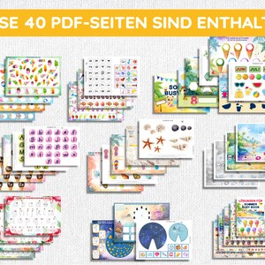 May include: A set of 40 printable PDF pages for kids featuring summer-themed activities, including counting, alphabet practice, and matching games. The pages are colorful and feature illustrations of ice cream, beach scenes, and other summer-related items.