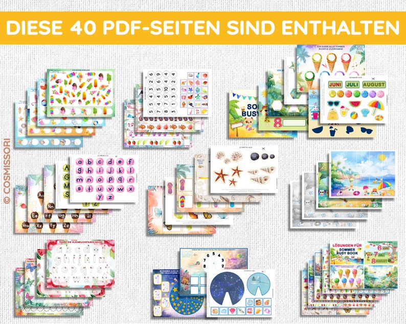 May include: A set of 40 printable PDF pages for kids featuring summer-themed activities, including counting, alphabet practice, and matching games. The pages are colorful and feature illustrations of ice cream, beach scenes, and other summer-related items.