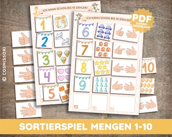 Jeu de placement 1-10 Entraînement au comptage Attribuer des quantités Cartes illustrées Jeu de tri Montessori Matériel pour bébés tout-petits PDF Allemand imprimable Jeu d'apprentissage DIY