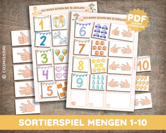 Legespiel 1-10 Zählen üben Mengen Bildkarten zuordnen Montessori Sortierspiel Baby Kleinkind Material PDF deutsch ausdruckbar Lernspiel DIY