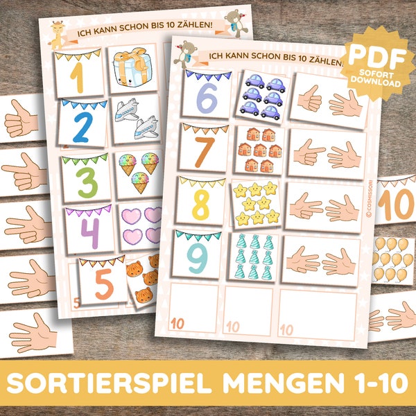 Legespiel 1-10 Zählen üben Mengen Bildkarten zuordnen Montessori Sortierspiel Baby Kleinkind Material PDF deutsch ausdruckbar Lernspiel DIY