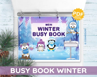 Può includere: Un libro di attività invernale di colore blu e viola con il titolo "Mein Winter Busy Book" e illustrazioni di gufi e pinguini. Il libro ha uno spazio vuoto per un nome e il testo "Dieses Buch gehört" (Questo libro appartiene a).