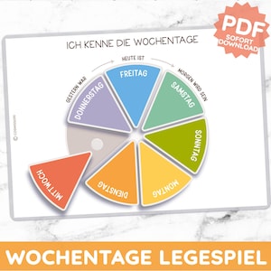 Könnte beinhalten: Ein farbenfrohes Lernposter mit dem Text "Ich kenne die Wochentage" und "Wochentage Legespiel". Das Poster zeigt die Wochentage auf Deutsch, wobei jeder Tag durch eine andere Farbe dargestellt wird. Ein PDF-Download ist verfügbar.