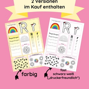 May include: Two printable worksheets for learning the letter R. The first worksheet is in color and features a rainbow, a large letter R, and a smaller letter r. The second worksheet is black and white and features the same elements. Both worksheets include a section for tracing the letter R and a section for finding the letter R hidden in a maze.