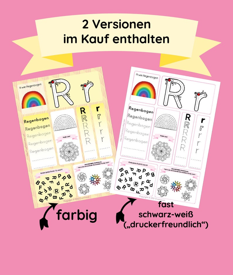 May include: Two printable worksheets for learning the letter R. The first worksheet is in color and features a rainbow, a large letter R, and a smaller letter r. The second worksheet is black and white and features the same elements. Both worksheets include a section for tracing the letter R and a section for finding the letter R hidden in a maze.