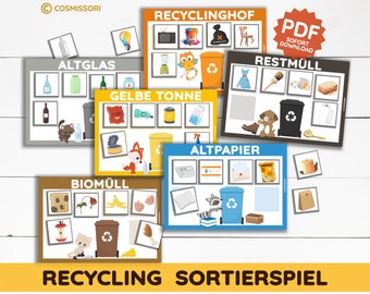 Recycling Waste Separation Learning Game Sorting Game Montessori PDF Printable Template Waste Cycle Picture Cards German Daycare Kindergarten Gift DIY Template
