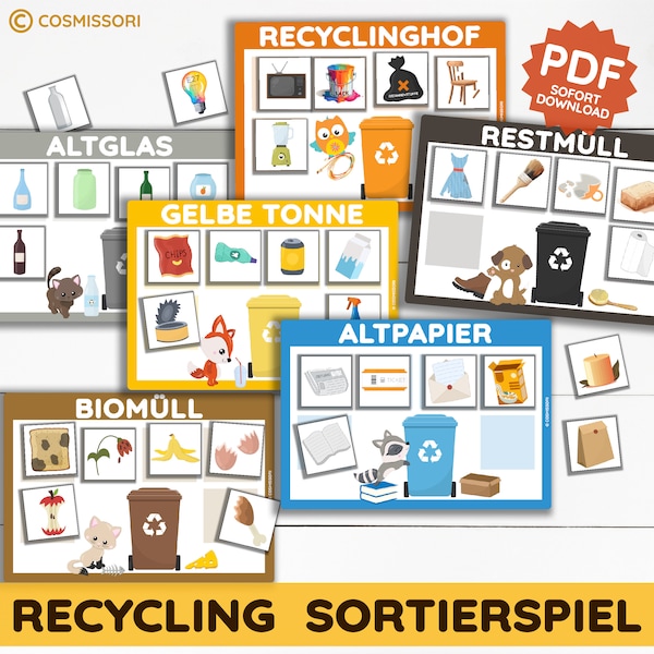 RECYCLING Mülltrennung Lernspiel Sortierspiel Montessori PDF Druckvorlage Müll Kreislauf Bildkarten deutsch Kita Kiga Geschenk DIY Vorlage