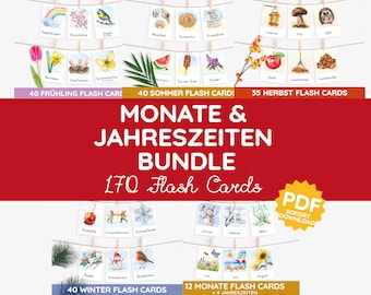 Picture Card Bundle 4 Seasons Months Montessori Flash Cards German Printable Child Kindergarten Toddler Baby Vocabulary Decoration PDF