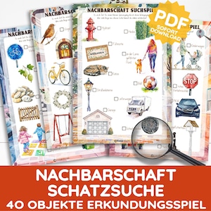 QUARTIER Chasse au trésor Promenade Jeu de recherche En plein air 40 objets Zone résidentielle Explorer la zone résidentielle Jeu Montessori Modèle de chasse au trésor PDF