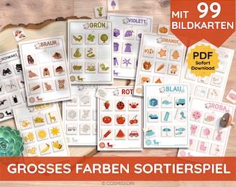 Picture cards game Montessori 99 cards DIY game with colors sorting game PDF template for printing Advent calendar filling gift child
