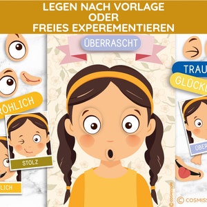 May include: A printable activity sheet with a girl's face and various facial expressions to create. The sheet includes the words "Legen nach Vorlage oder Freies Experimentieren" and "COSMISSORI".