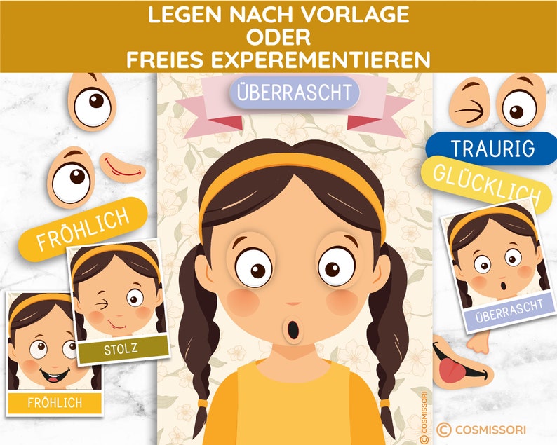 May include: A printable activity sheet with a girl's face and various facial expressions to create. The sheet includes the words "Legen nach Vorlage oder Freies Experimentieren" and "COSMISSORI".