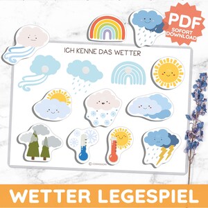 Puede incluir: Un conjunto de pegatinas con temática meteorológica, que incluye arcoíris, nubes, soles y lluvia. Las pegatinas tienen caras sonrientes y son de varios colores. El texto de la imagen dice "ICH KENNE DAS WETTER" y "WETTER LEGESPIEL".
