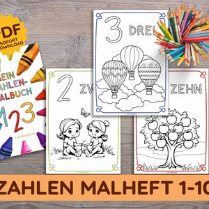 Chiffres 1-10 livre de coloriage pour tout-petits livre de coloriage apprendre à compter PDF télécharger modèle d'impression enfant maternelle enfant livret de coloriage école allemande Kita Kiga