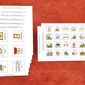 May include: A set of 24 colorful cards with illustrations of various activities, such as watching movies, playing video games, and going to the park. The cards are labeled in German with the text "Erholung & Entspannung" which translates to "Relaxation & Recreation".