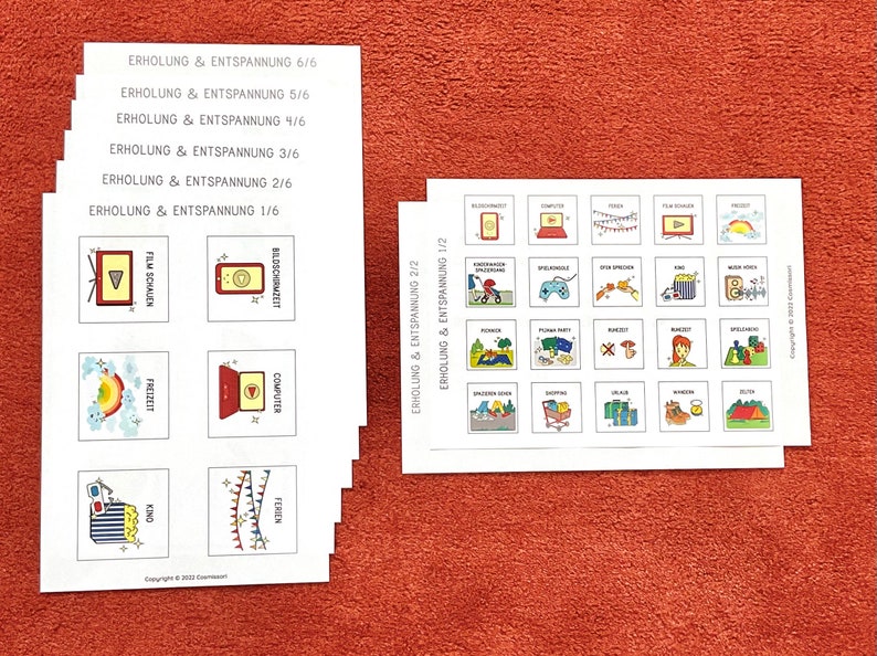 May include: A set of 24 colorful cards with illustrations of various activities, such as watching movies, playing video games, and going to the park. The cards are labeled in German with the text "Erholung & Entspannung" which translates to "Relaxation & Recreation".