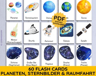 Planets Constellations Space Travel Montessori Flash Cards Flash Cards Picture Cards Card Set for Printing Discover Space Card Minimalist