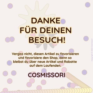 K&ouml;nnte beinhalten: Eine Dankesbotschaft mit dem Text "DANKE F&Uuml;R DEINEN BESUCH!" umgeben von bunten Punkten und einer Sternform. Der Text darunter lautet "Vergiss nicht, diesen Artikel zu favorisieren und favorisiere den Shop, denn so bleibst du &uuml;ber neue Artikel und Rabatte auf dem Laufenden." und "COSMISSORI".