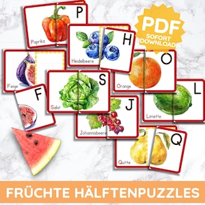 FRUTTA ALFABETO METÀ Frutta Verdura Schede illustrate Tavole Montessori ABC Gioco di apprendimento Gioco di abbinamento Modello PDF Stampabile Bambino Tedesco
