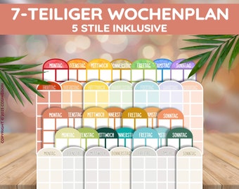 May include: Five different styles of weekly planner stickers with a colorful rainbow design. Each sticker has seven sections for each day of the week, labeled in German: Montag, Dienstag, Mittwoch, Donnerstag, Freitag, Samstag, Sonntag.