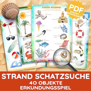 May include: A set of printable beach-themed search and find games. The illustrations include a seashell, sunglasses, a beach ball, and a palm tree. The text on the game sheets reads "STRAND SUCHSPIEL" and "STRAND SCHATZSUCHE".
