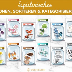 K&ouml;nnte beinhalten: Ein Set aus 12 Glasbeh&auml;ltern mit Deckeln, die jeweils einen Schmetterling, ein Insekt oder eine Blume in einer anderen Farbe enthalten. Die Beh&auml;lter sind mit den Farben beschriftet: Violett, Gelb, Rosa, Orange, Rot, Braun, Gr&uuml;n, Blau, T&uuml;rkis, Grau und Schwarz.