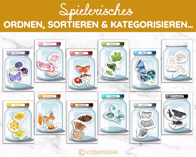 K&ouml;nnte beinhalten: Ein Set aus 12 Glasbeh&auml;ltern mit Deckeln, die jeweils einen Schmetterling, ein Insekt oder eine Blume in einer anderen Farbe enthalten. Die Beh&auml;lter sind mit den Farben beschriftet: Violett, Gelb, Rosa, Orange, Rot, Braun, Gr&uuml;n, Blau, T&uuml;rkis, Grau und Schwarz.