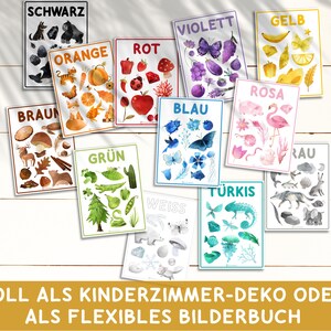 May include: A set of ten colorful educational posters featuring various objects in different colors. Each poster has a German word for the color at the top and includes a variety of images in that color. The posters are perfect for teaching children about colors and objects.