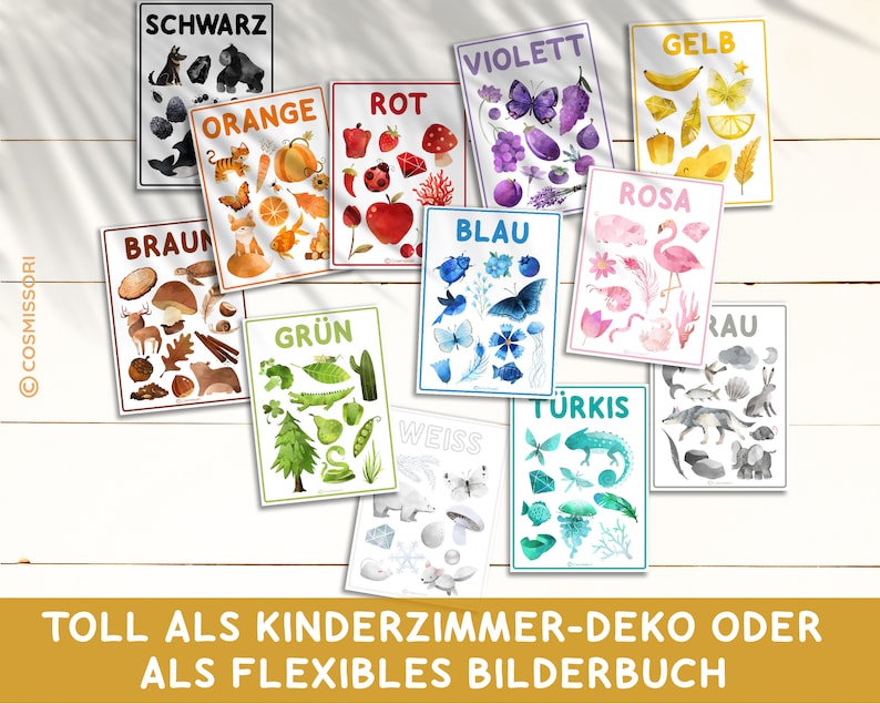 May include: A set of ten colorful educational posters featuring various objects in different colors. Each poster has a German word for the color at the top and includes a variety of images in that color. The posters are perfect for teaching children about colors and objects.