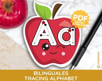 Erstes Schreiben Tracing Alphabet zweisprachig Karten Montessori bilingual Kleinkind Kind Bilderbuch Buchstabe PDF druckbar deutsch englisch