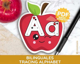 First Writing Tracing Alphabet Bilingual Cards Montessori Bilingual Toddler Child Picture Book Letter PDF Printable German English