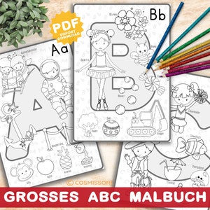 Libro para colorear ABC, alfabeto para colorear, sonidos iniciales, imágenes, folleto para colorear, imprimible, PDF de aprendizaje de alemán, descarga, regalo para niños, niñas y niños, bricolaje